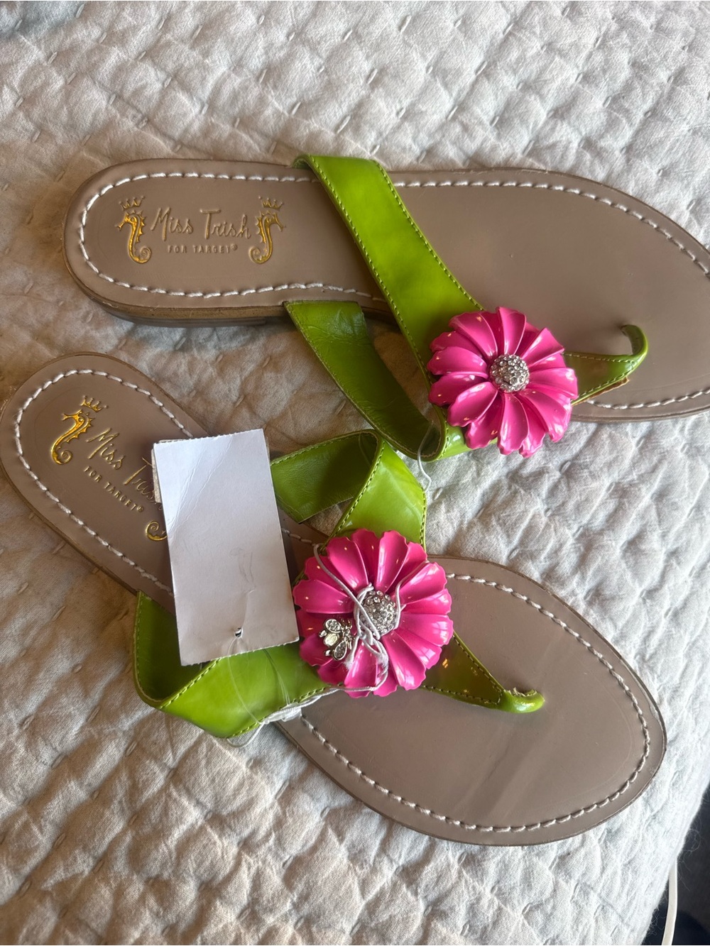 Miss Trish Green Sandals with Pink Flower Accent